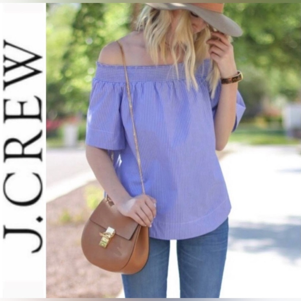 J Crew Off the Shoulder Blue/White Stripe Shirt 100%Cotton SZ6 (Possibly Petite)